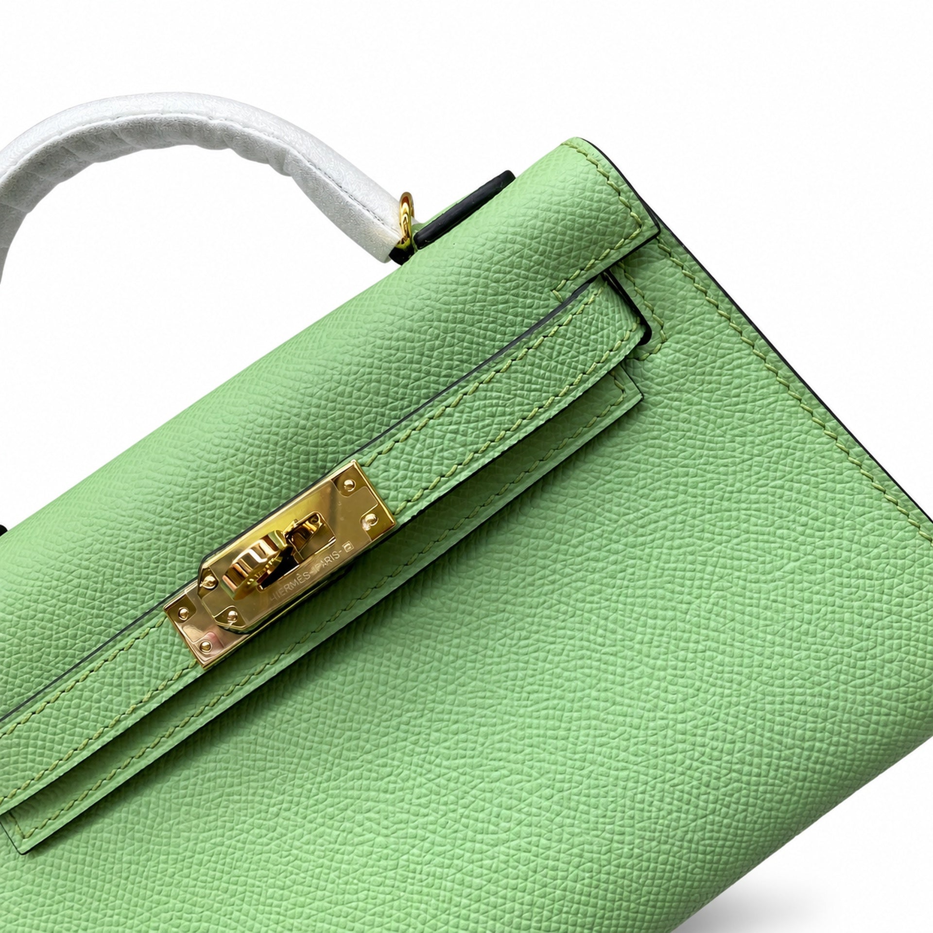 In stock: second generation Kelly 19cm imported Epsom leather avocado green 🥑 gold and silver buckle wax thread
