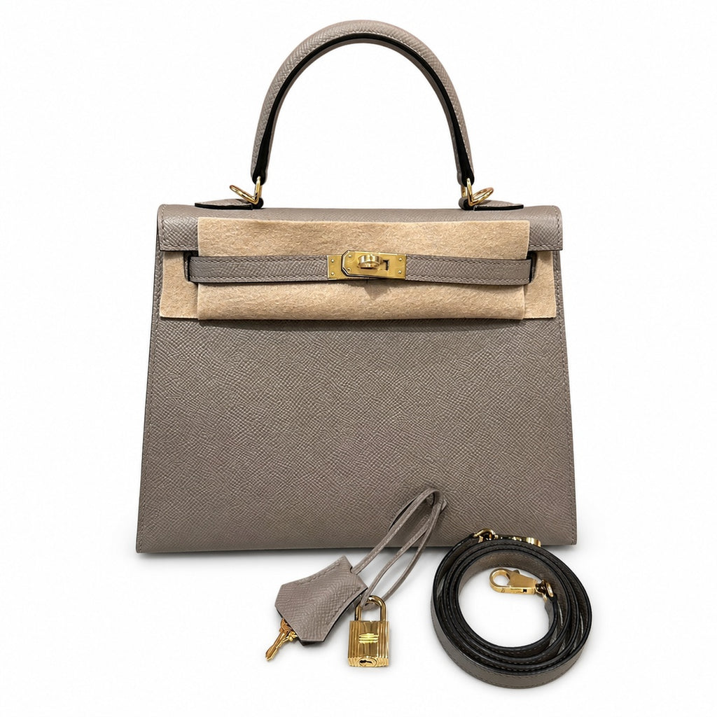 kelly25cm, M8/Gris Asphalte, Epsom, gold, all handmade‼ ️Kelly 25cm, asphalt gray, palm print, gold buckle, high-end handmade exclusive customization‼ ️Purely hand-made nails, hand-engraved hardware,