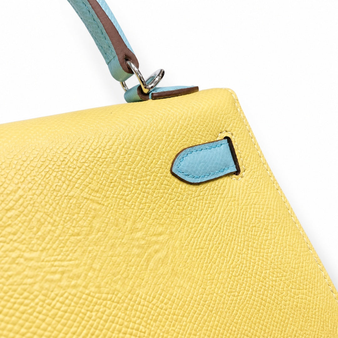 Kelly 28cm Epsom leather C9 Soufre goose egg yolk 3P BlueAtoll macaron blue top handcraft! Counter quality!
