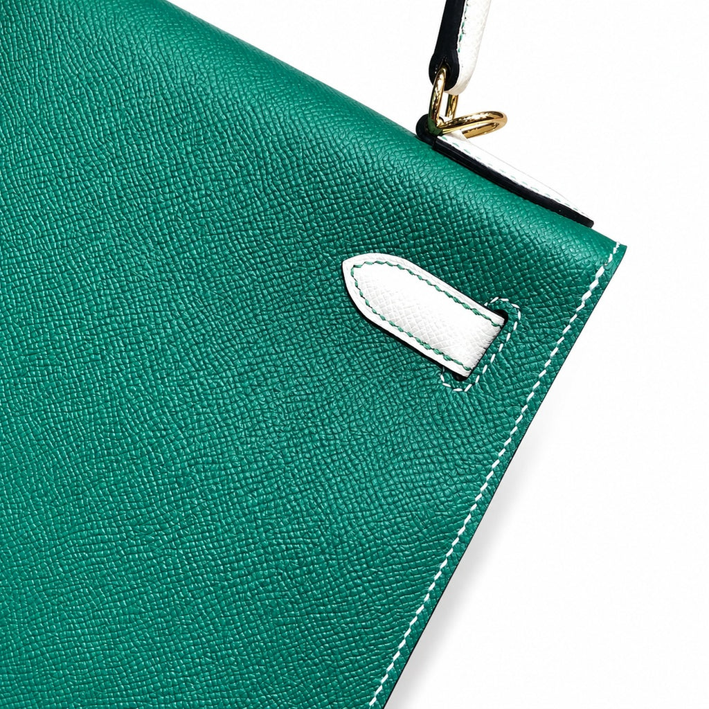 Kelly 28cm Epsom leather U4 Vert Vertigo velvet green with 10 Craie milkshake white top handcraft! Counter quality!