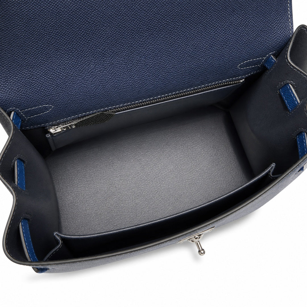 Kelly 25cm Epsom leather 2Z Blue Nuit midnight blue with 89 Noir black with 71 Bleu France French blue top handcraft! Counter quality!