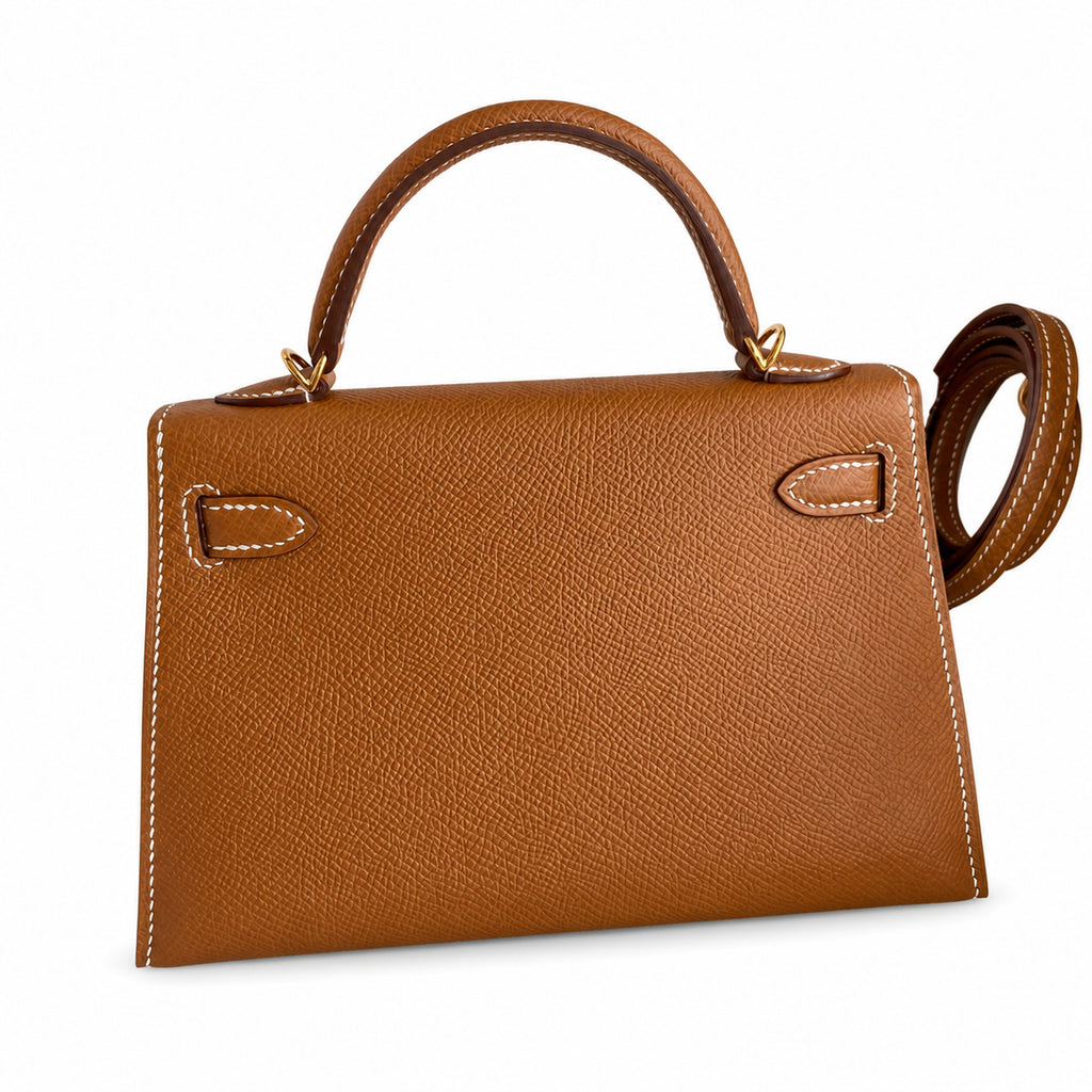 Second generation Mini Kelly 19cm Epsom leather, golden brown, gold buckle