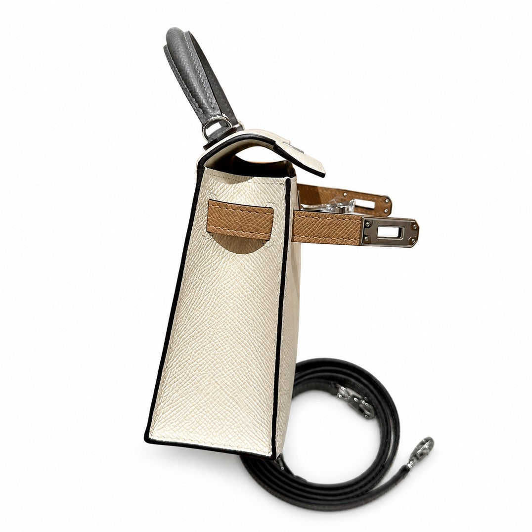 mini kelly 2, i2/Nata-0M/Chai-0L/Gris Meyer, Epsom, sliver, 19cm, all handmade‼ ️Mini Kelly II, cream white with striped milk tea color and cumulonimbus gray armband, palm print, silver buckle, 19cm,