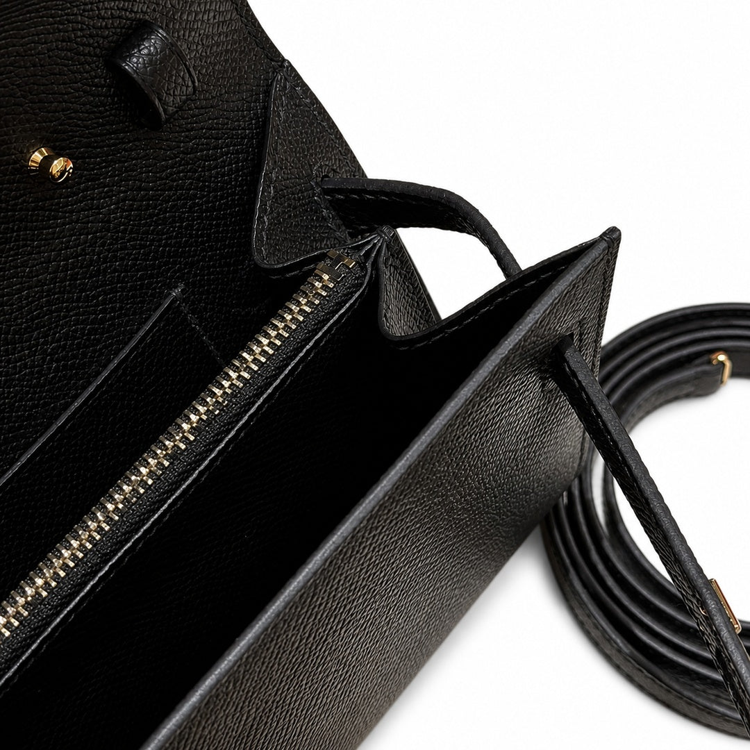 Style: Kelly to go Color: ck89/noir Size: 19*11.5*1.5cm Leather: epsom From France Hardware: gold shoulder crossbody bag, clutch bag, black, cowhide, gold buckle, high-end handmade exclusive customiza