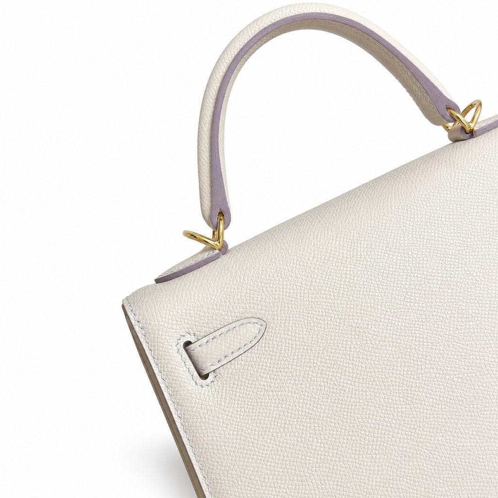 Milkshake white, gold buckle and silver buckle, Kelly 25, imported Epsom