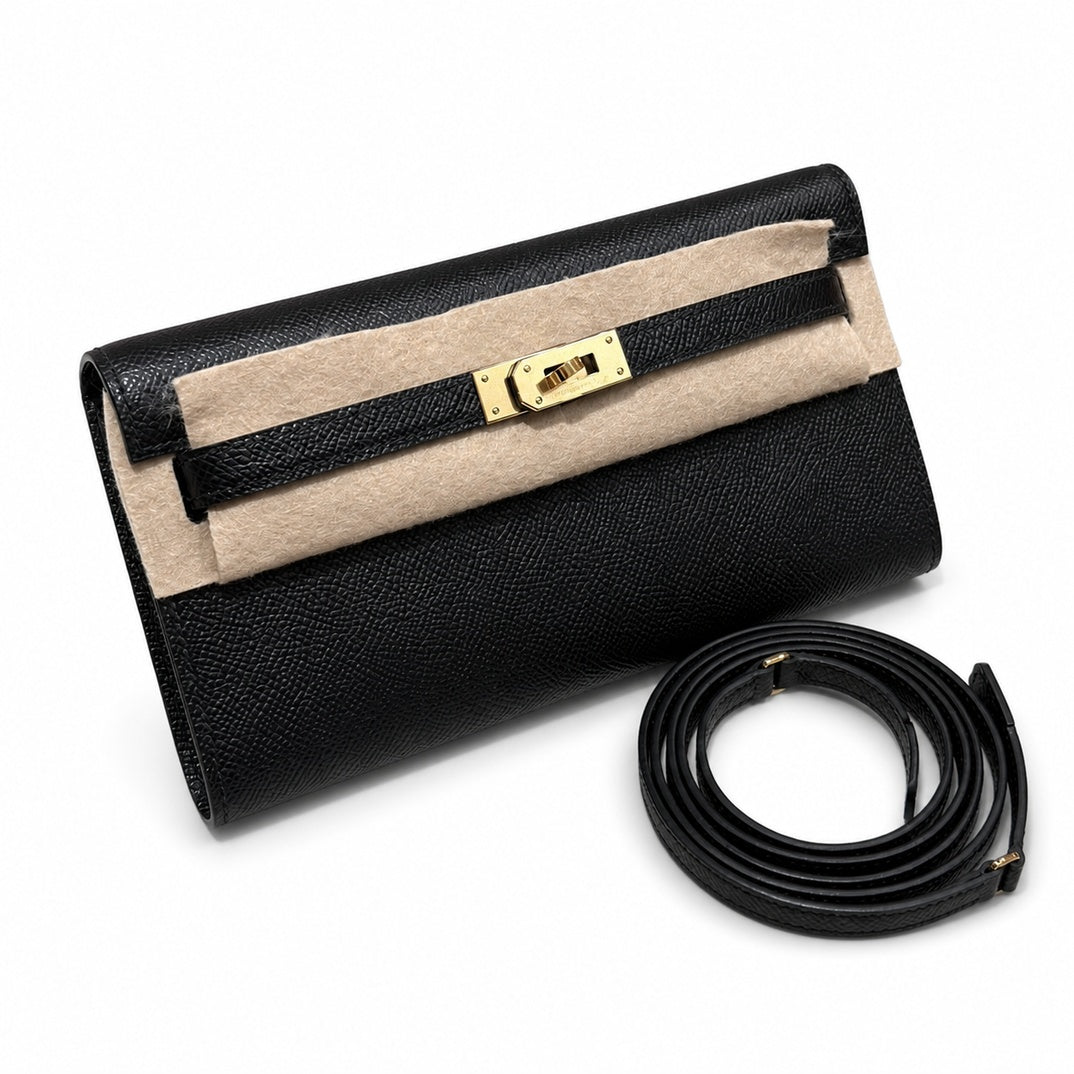 Style: Kelly to go Color: ck89/noir Size: 19*11.5*1.5cm Leather: epsom From France Hardware: gold shoulder crossbody bag, clutch bag, black, cowhide, gold buckle, high-end handmade exclusive customiza