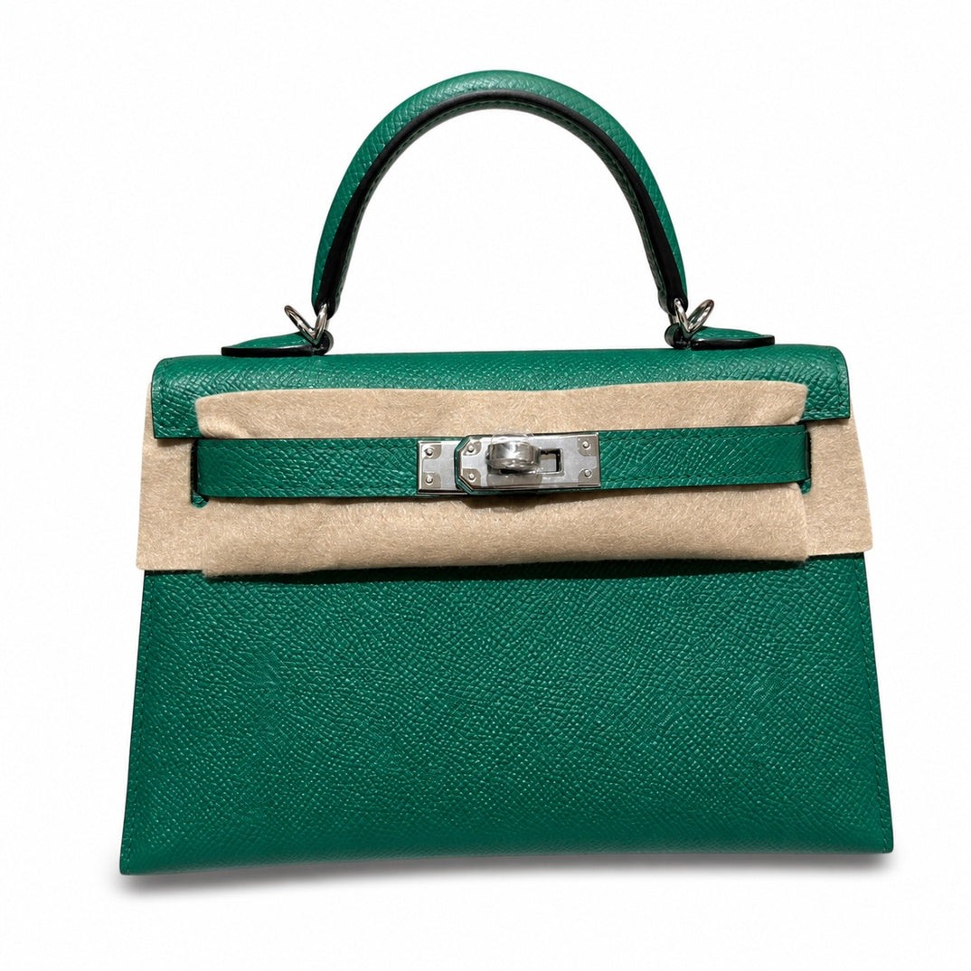 mini kelly 2, U4/Vert Verigo, Epsom, silver, 19cm, all handmade‼ ️Mini Kelly II, velvet green, palm print, silver buckle, 19cm, high-end fully handmade and customized‼ ️Purely hand-made nails, hand-en