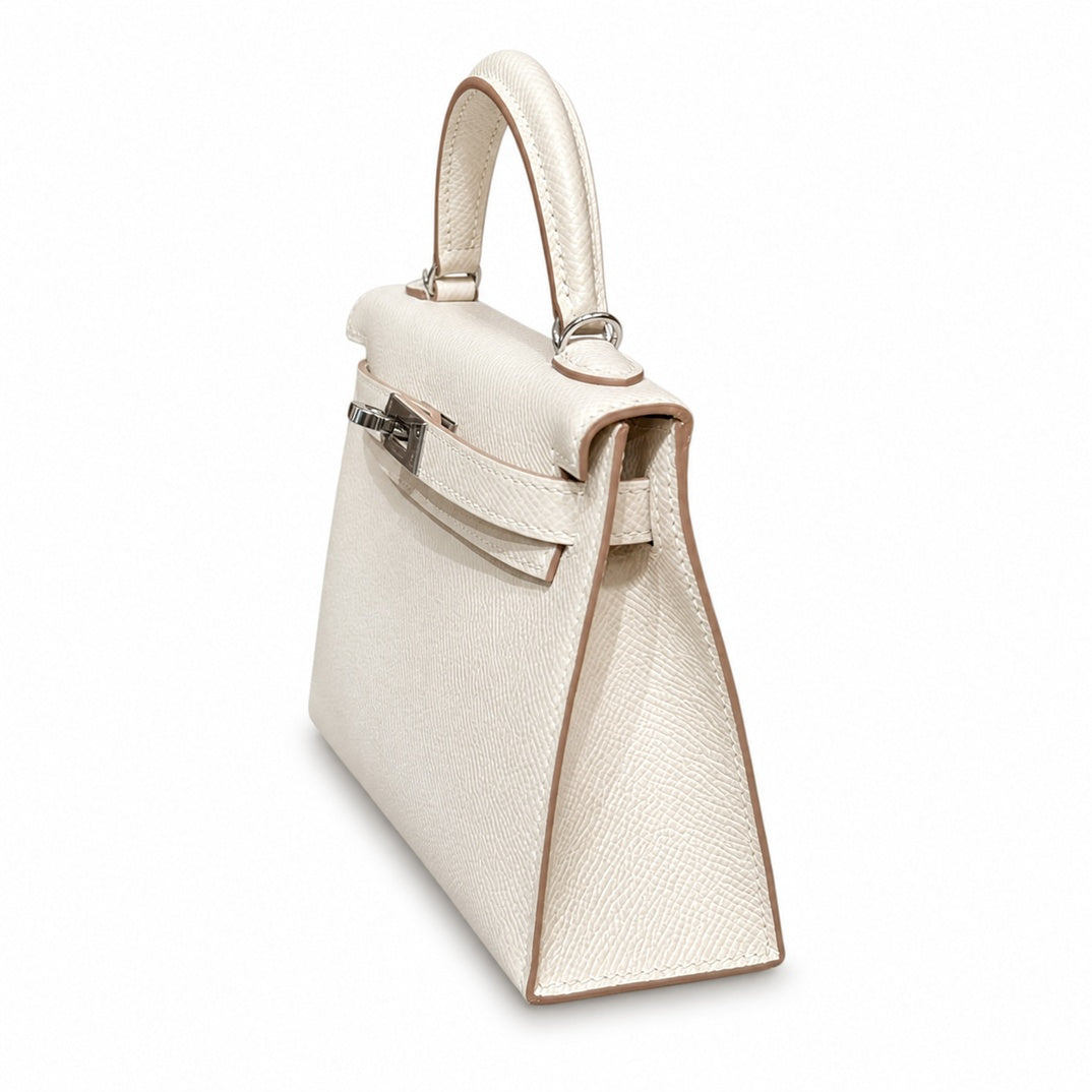 Style: mini kelly Color: ck10/craie Size: 19*12*5.5cm Leather: epsom From France Hardware: silver Mini Kelly second generation, milkshake white, French imported cowhide, silver buckle, high-end handma