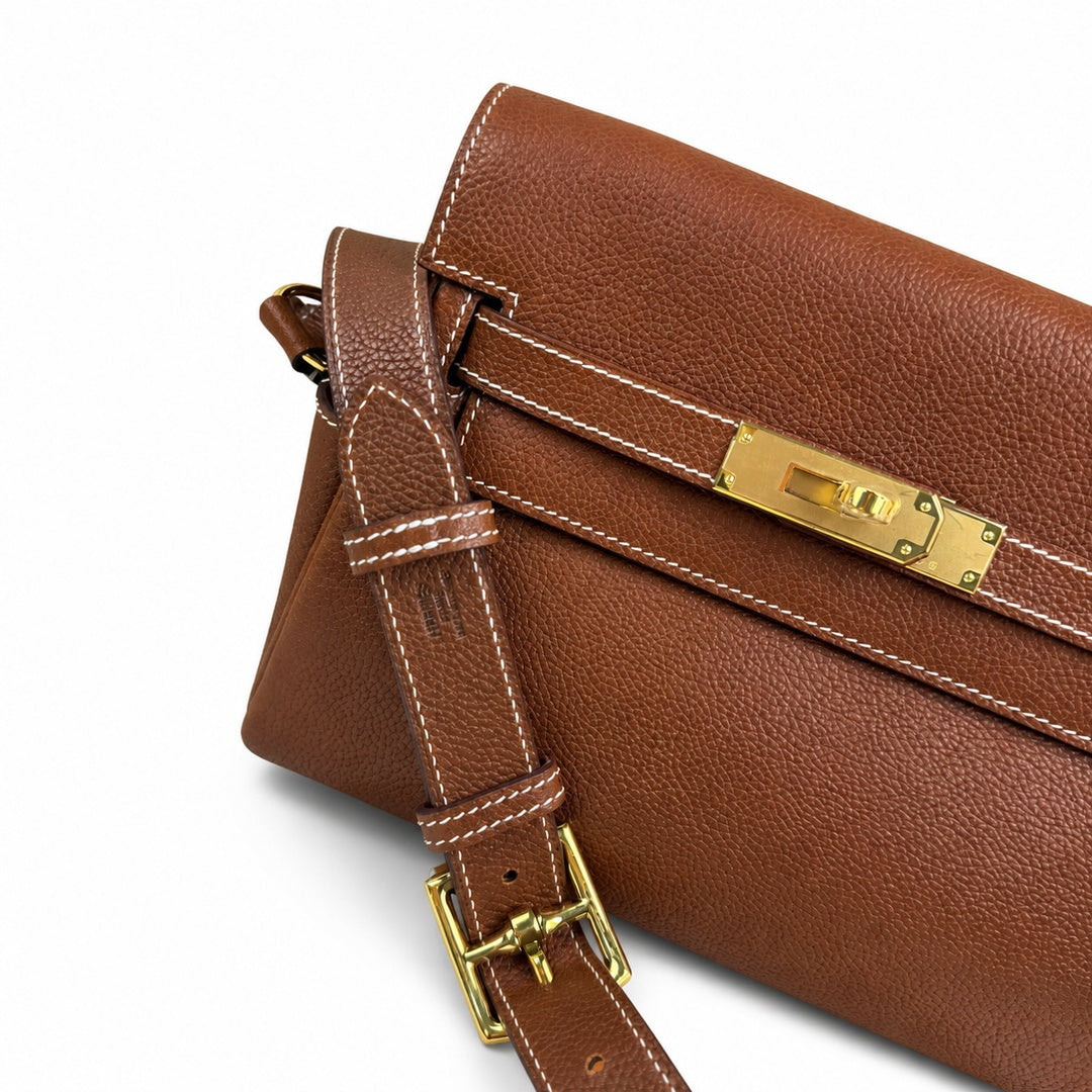🆕 In stock Kelly Messenger messenger bag for men and women, Fubao leather gold brown gold buckle, imported leather, all-steel hand-waxed thread, the highest cost performance on the Internet. The class