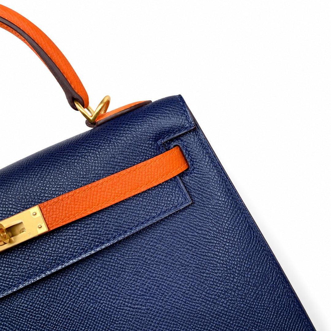 Custom order💕kelly25 sapphire blue with classic orange epsom frosted gold buckle handmade