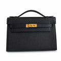First generation handbag evening bag Kelly 22cm Epsom leather black gold buckle wax thread