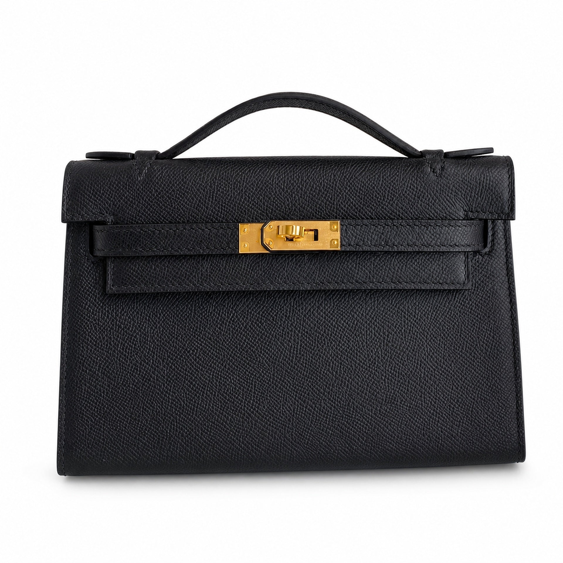 First generation handbag evening bag Kelly 22cm Epsom leather black gold buckle wax thread