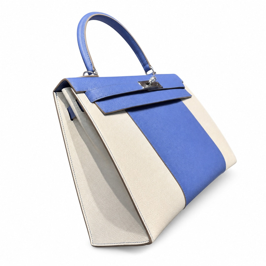 Kelly 32cm Epsom Leather 10 Craie Milkshake White R2 Blue Agate Bright Blue Top Handmade! Counter quality!