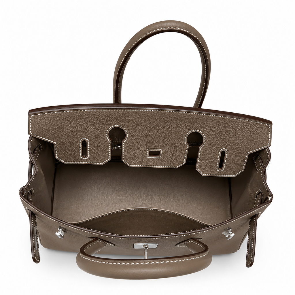 Birkin 30 Retourne in Etoupe Togo Leather with White Stitching (Palladium Hardware)