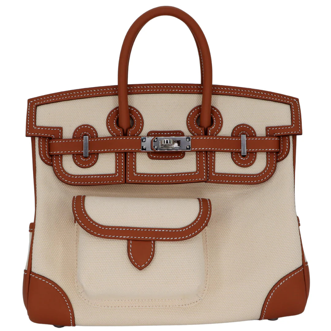 Multi-Pocket Birkin Cargo 25cm Tote in Gold Brown Leather & Canvas