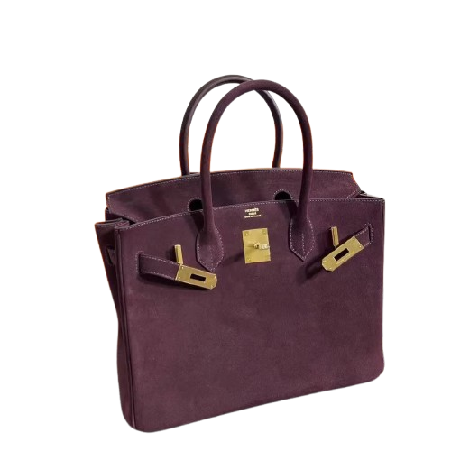 Birkin 30 Retourne in Bordeaux Suede Grizzly with White Stitching (Gold Hardware)