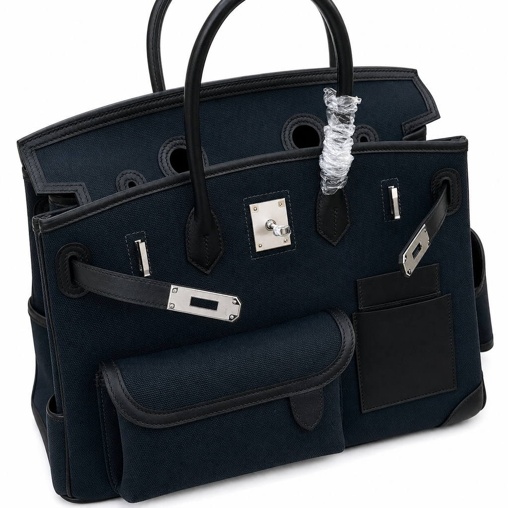 Birkin Cargo 35 in Bleu Nuit Toile Goéland and Noir Swift Leather (Palladium Hardware)