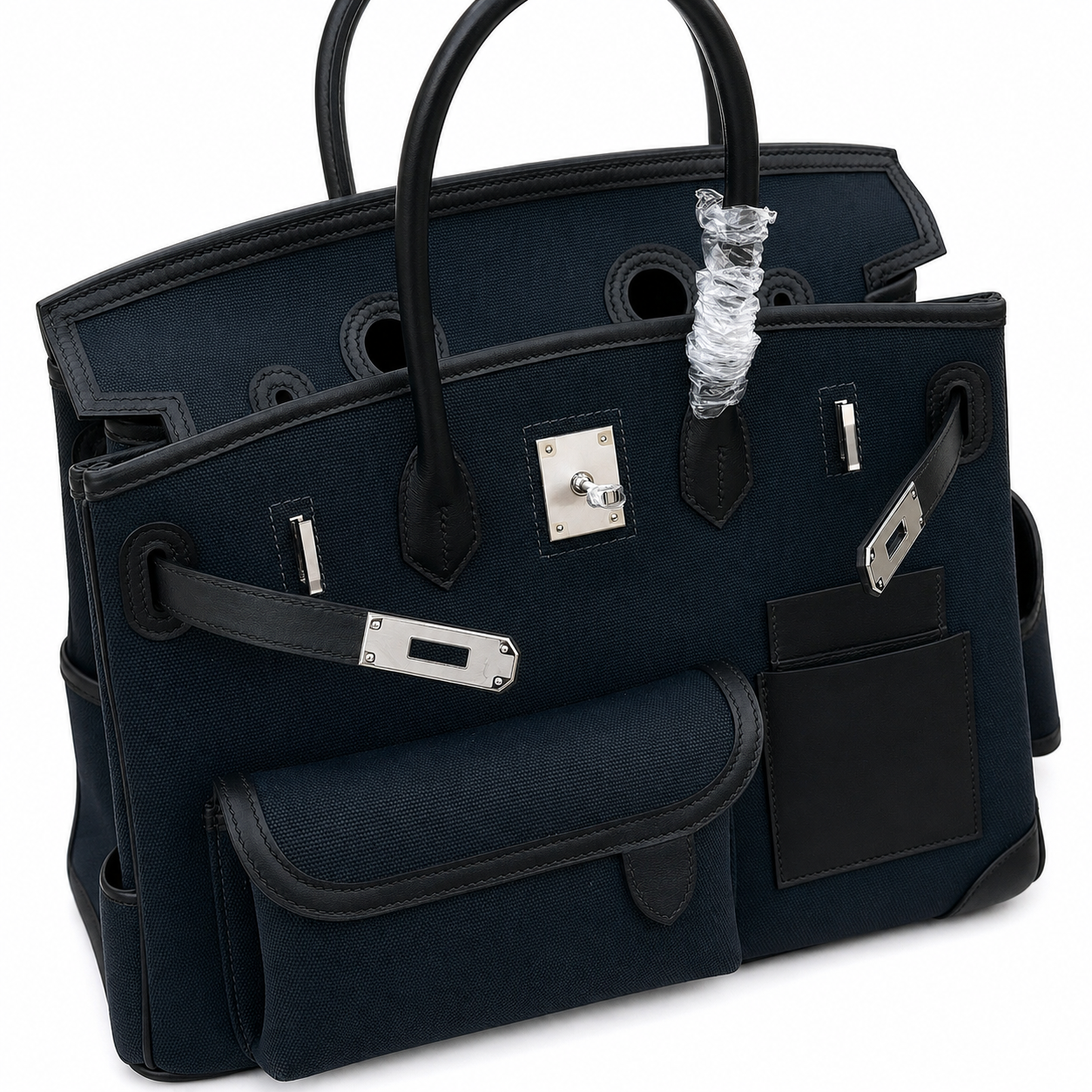 Birkin Cargo 35 in Bleu Nuit Toile Goéland and Noir Swift Leather (Palladium Hardware)
