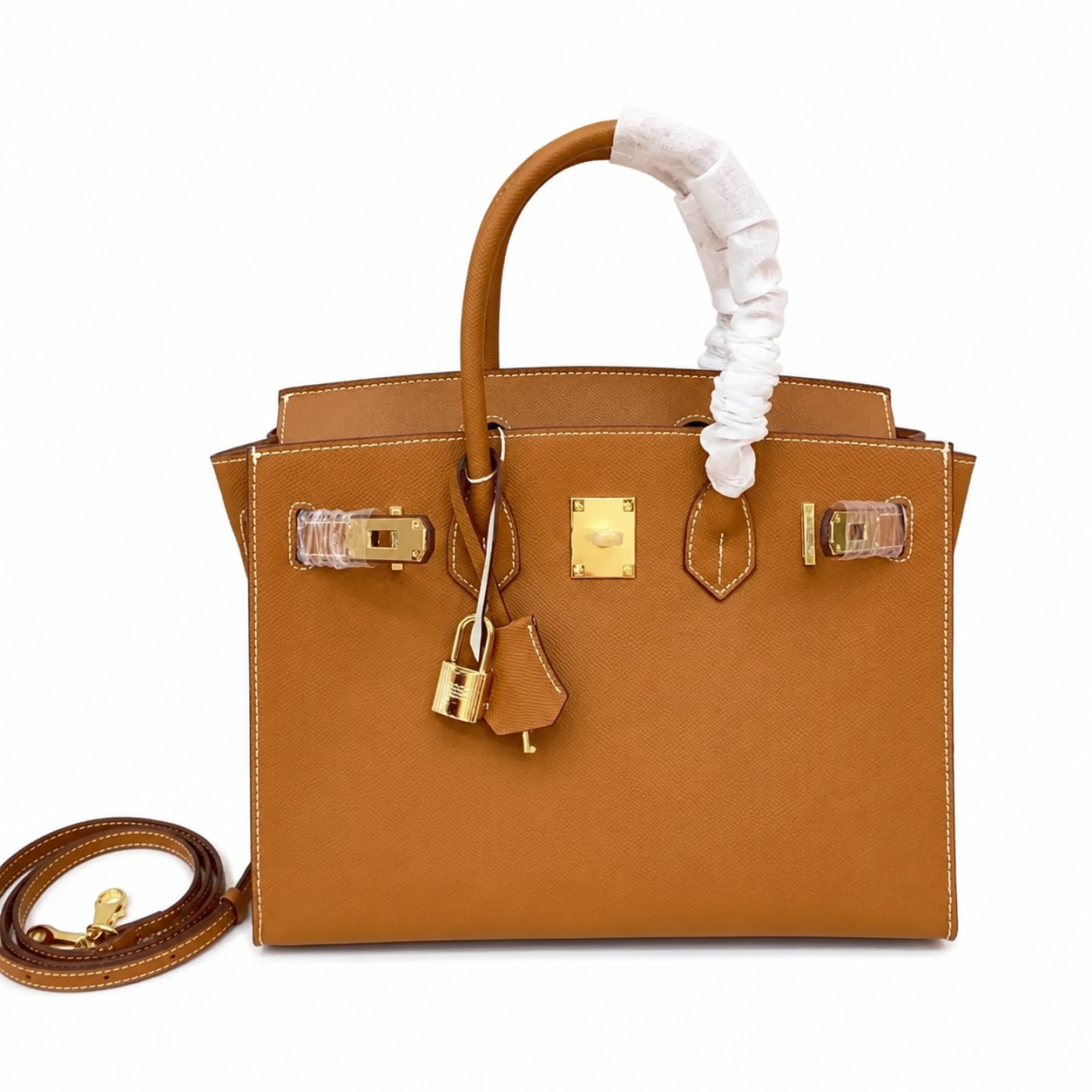Birkin Style 25/30 Sellier in Gold Epsom Leather with White Stitching (Gold Hardware)