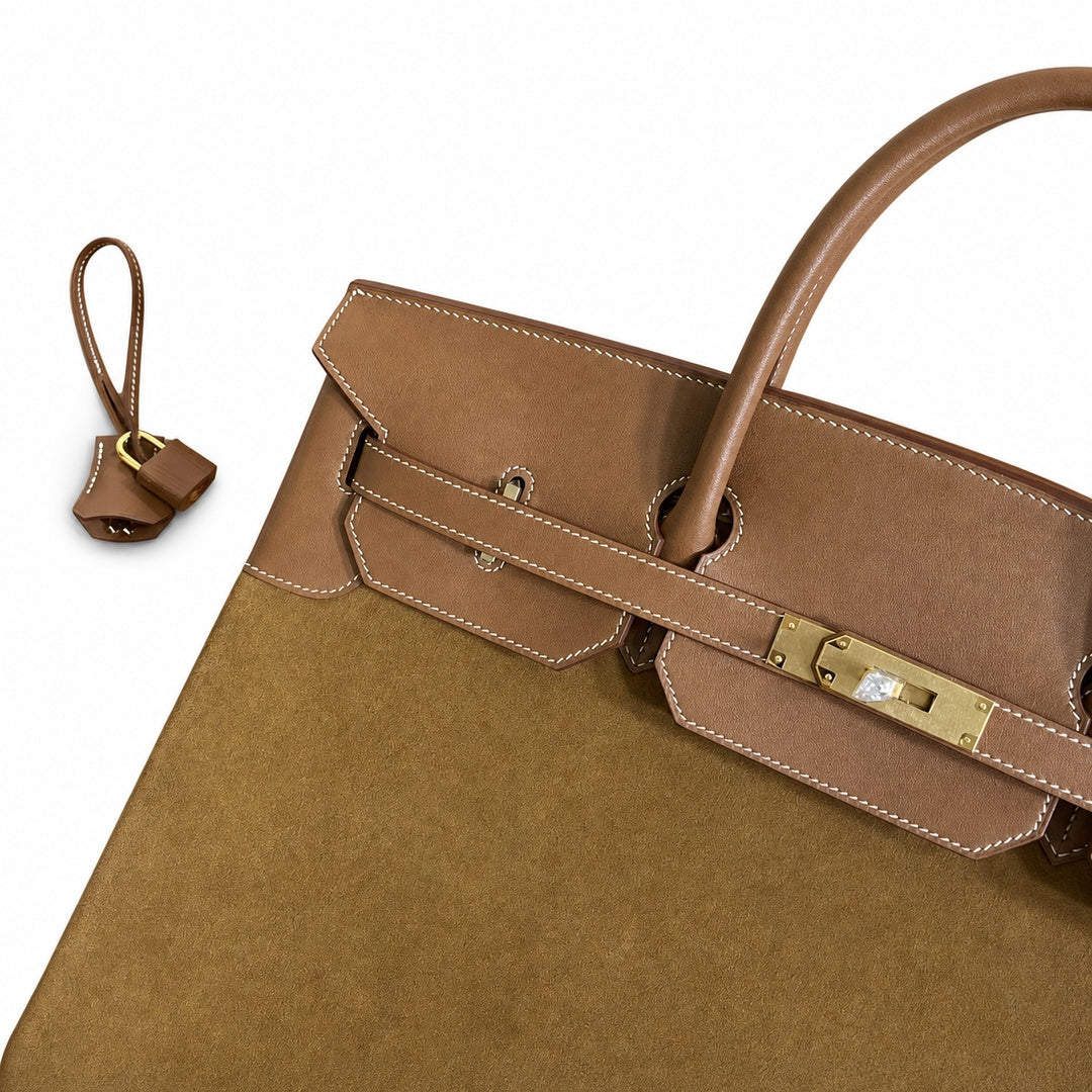Birkin 40 Retourne in Gold Swift Leather and Suede Grizzly (Gold Hardware)