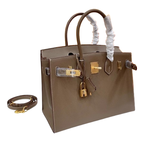 Birkin Style 25/30 Sellier in Etoupe Epsom Leather with White Stitching (Gold Hardware)