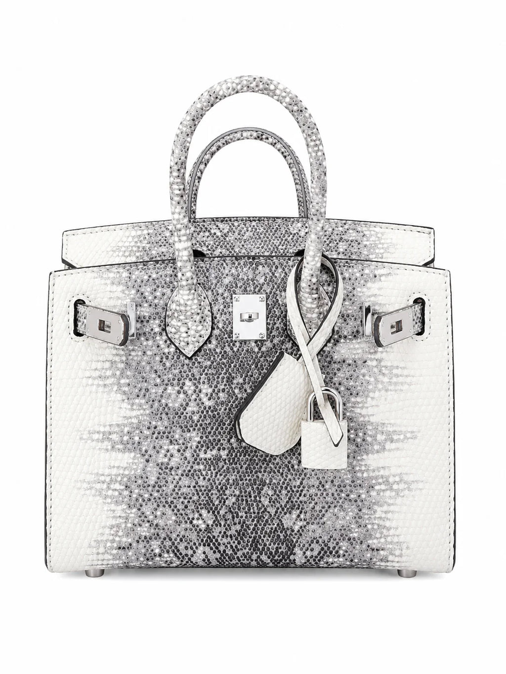 Mini Birkin 20cm Outer Stitching Tote Bag in Two-Tone Snow White Lizard Pattern