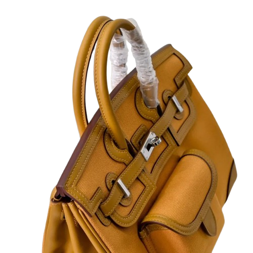 Birkin Cargo 25 Amber Yellow Swift Leather and Canvas Splicing Bag