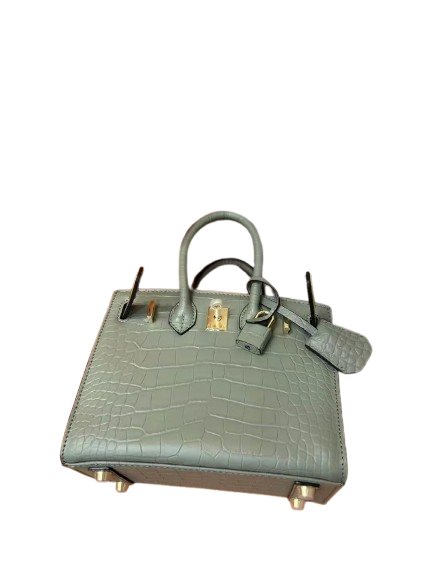 Mini Birkin 20cm Outer Stitching Tote Bag in Sage Green Crocodile Pattern