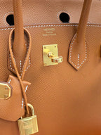 Birkin Sellier 25 Gold Epsom Leather Rolled Handles Gold Hardware Handbag