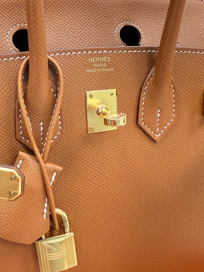 Birkin Sellier 25 Gold Epsom Leather Rolled Handles Gold Hardware Handbag
