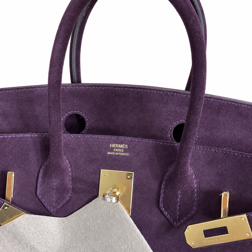 Birkin 30 Retourne in Bordeaux Suede Grizzly with White Stitching (Gold Hardware)