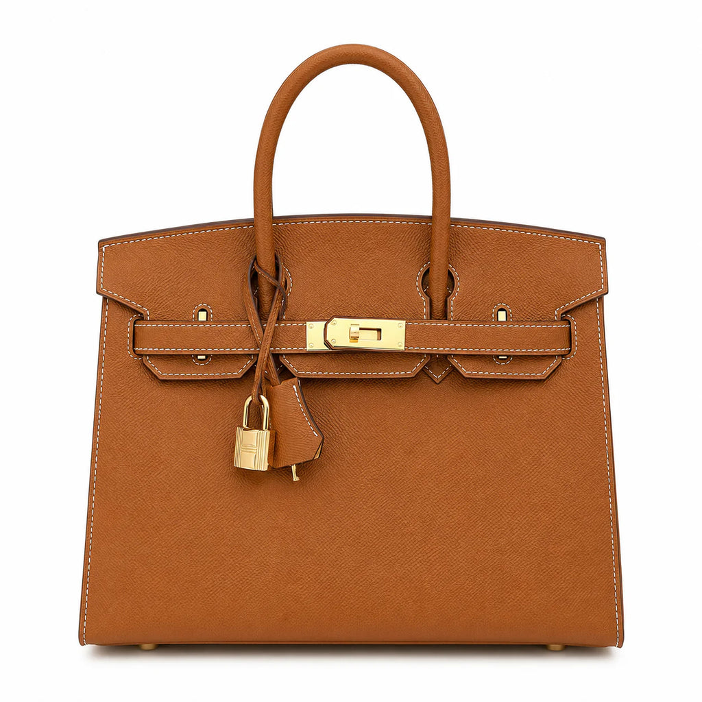 Birkin Style 25/30 Sellier in Gold Epsom Leather with White Stitching (Gold Hardware)