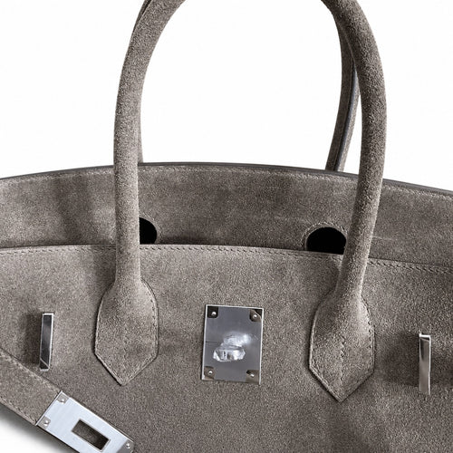 Birkin 30 Retourne in Etoupe Suede Grizzly with White Stitching (Palladium Hardware)