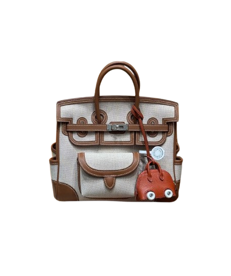 Multi-Pocket Birkin Cargo 25cm Tote in Gold Brown Leather & Canvas