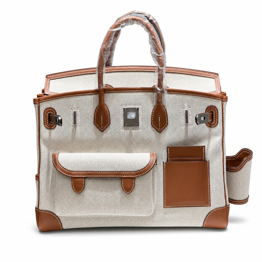Birkin Cargo 35 Gold Leather and Ecru Canvas Multi-Pocket Bag
